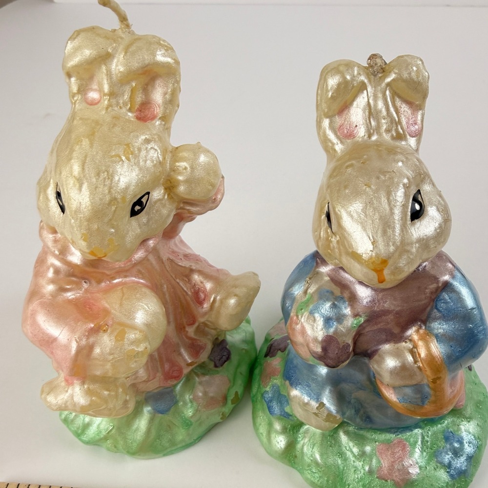 Vintage Bunny Candles Set Anthropomorphic Rabbits Easter Decor Cottagecore